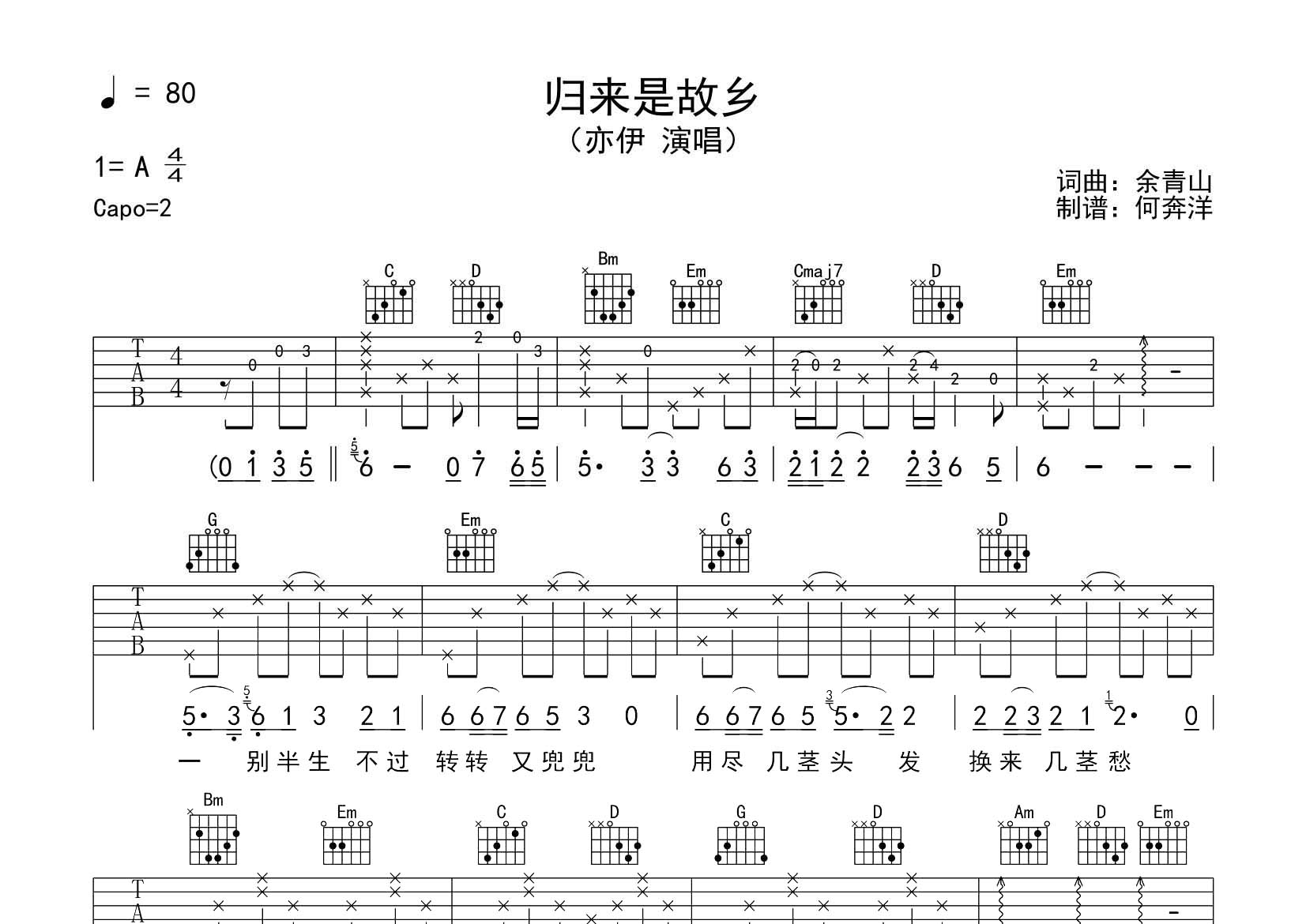亦伊_归来是故乡吉他六线谱G调_飞韵吉他弹唱伴奏六线谱