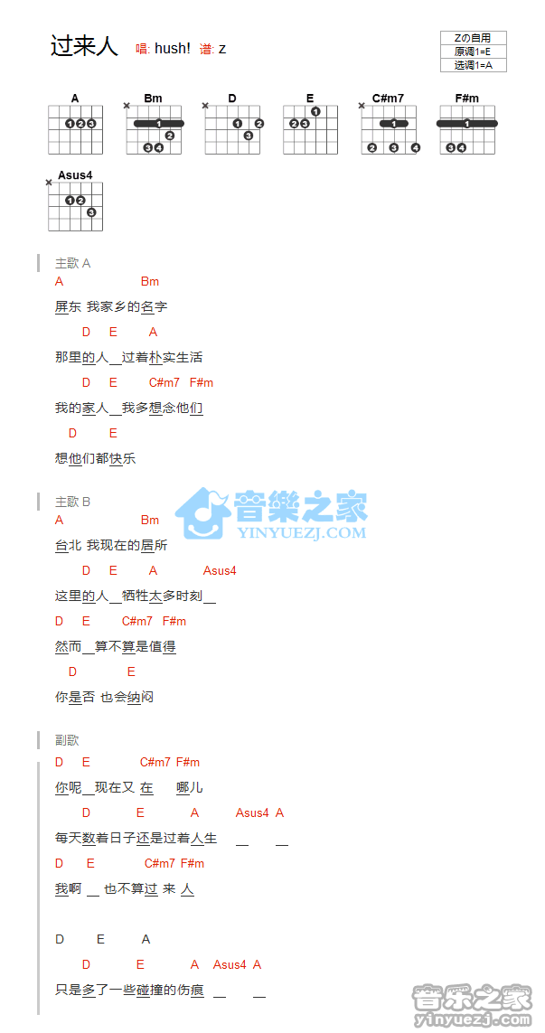 Hush_过来人吉他六线谱A调_音乐之家弹唱伴奏六线谱