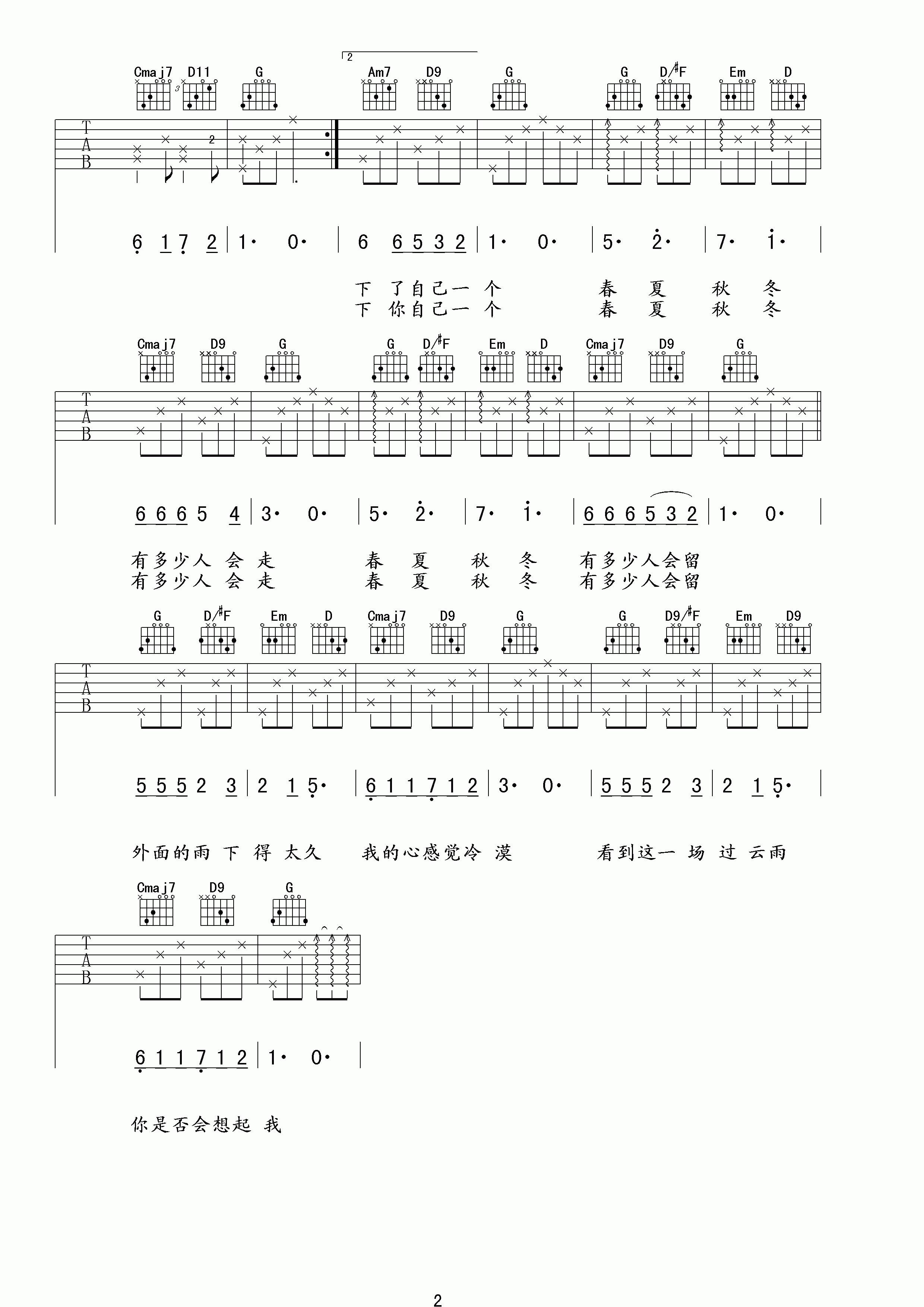张敬轩_过云雨吉他六线谱G调_弹唱伴奏六线谱