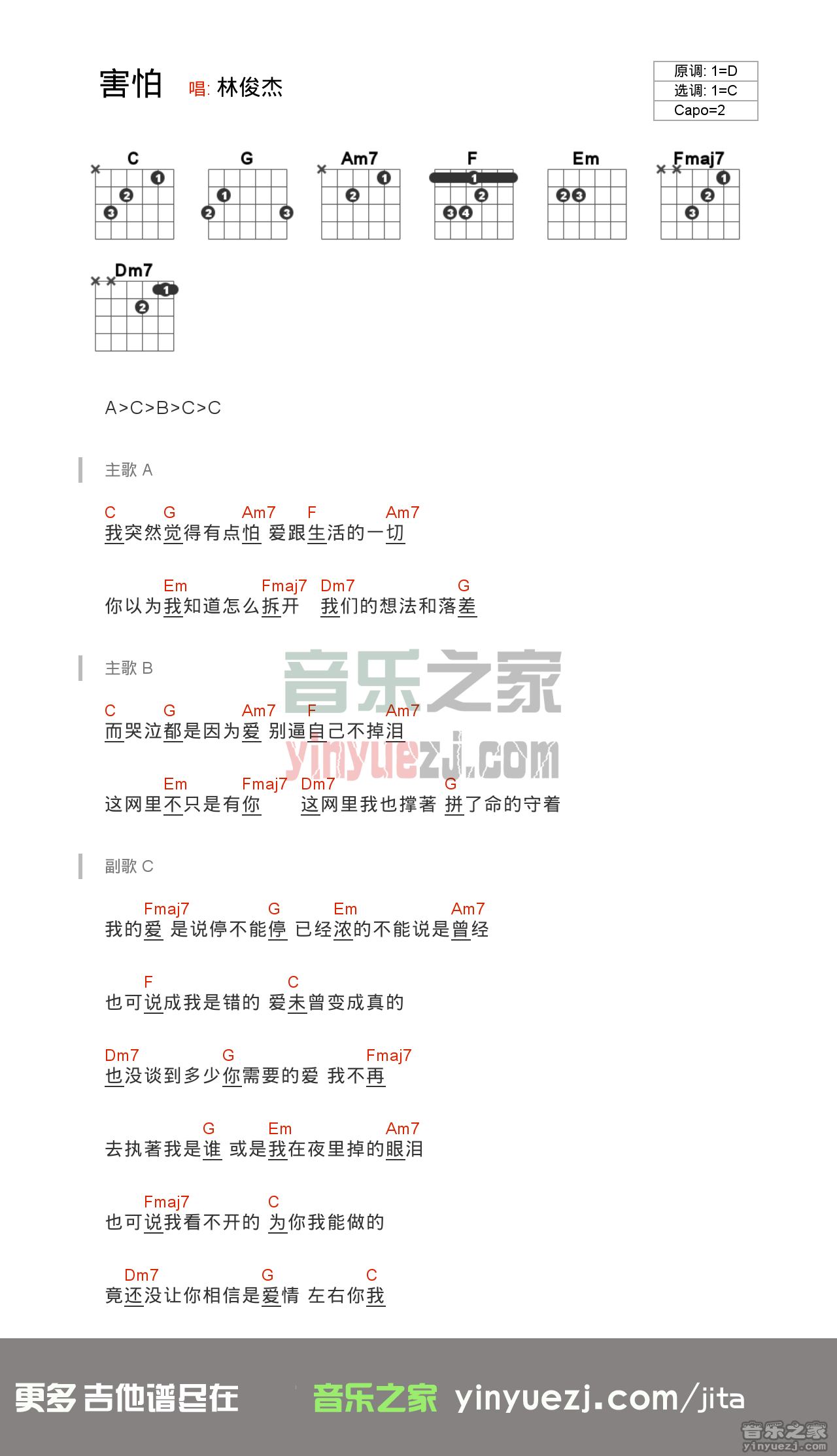 林俊杰_害怕吉他六线谱C调_音乐之家弹唱伴奏六线谱