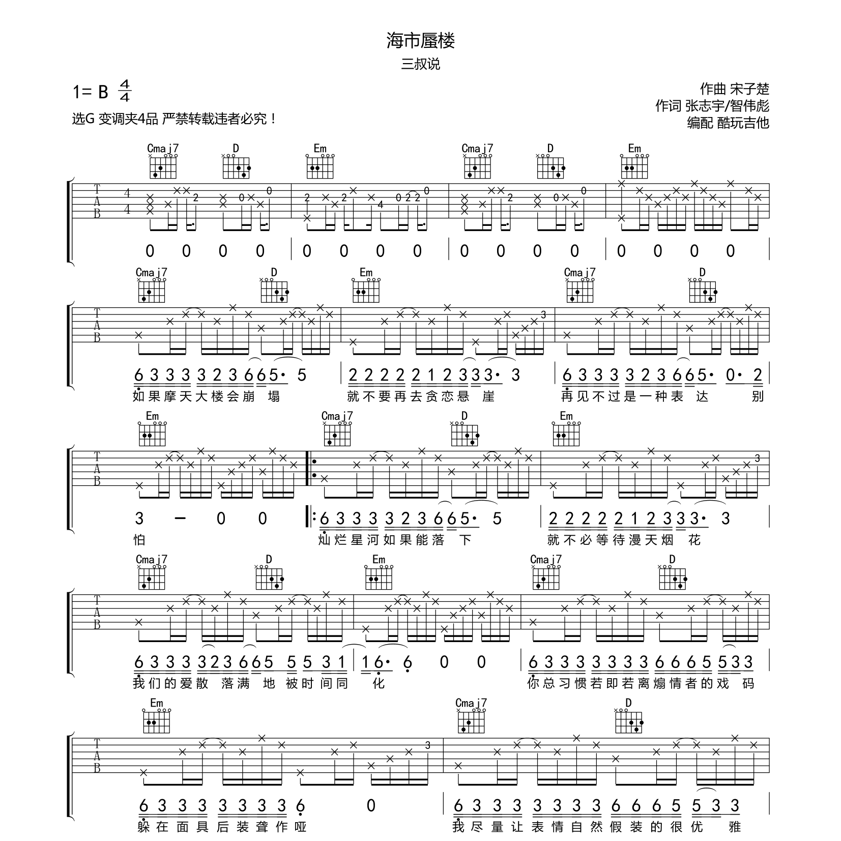 三叔说_海市蜃楼吉他六线谱G调_酷玩吉他弹唱伴奏六线谱