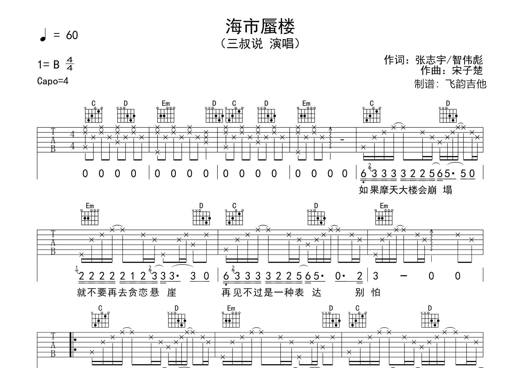 三叔说_海市蜃楼吉他六线谱G调_飞韵吉他弹唱伴奏六线谱