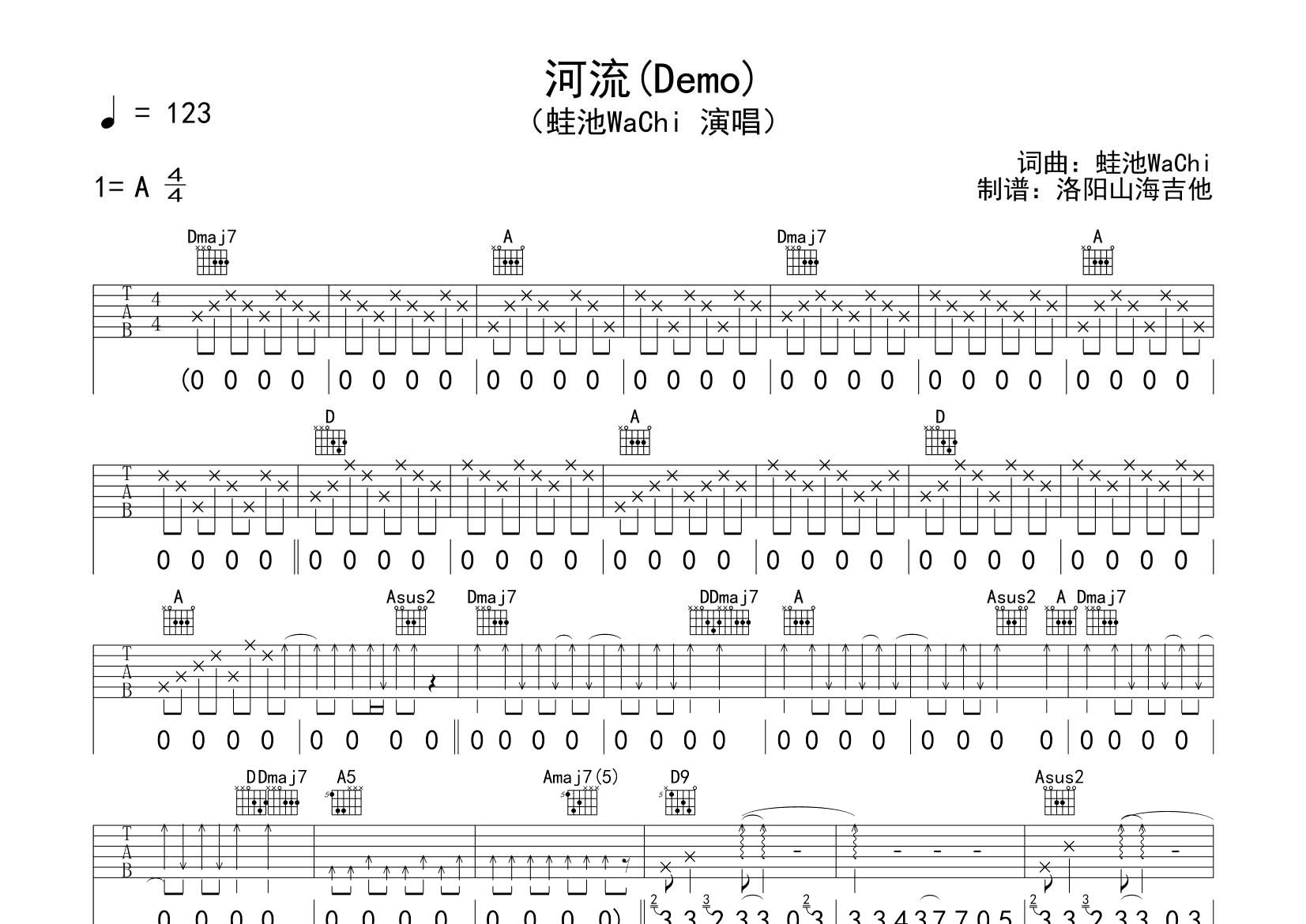 蛙池WaChi_河流吉他六线谱A调_飞韵吉他弹唱伴奏六线谱