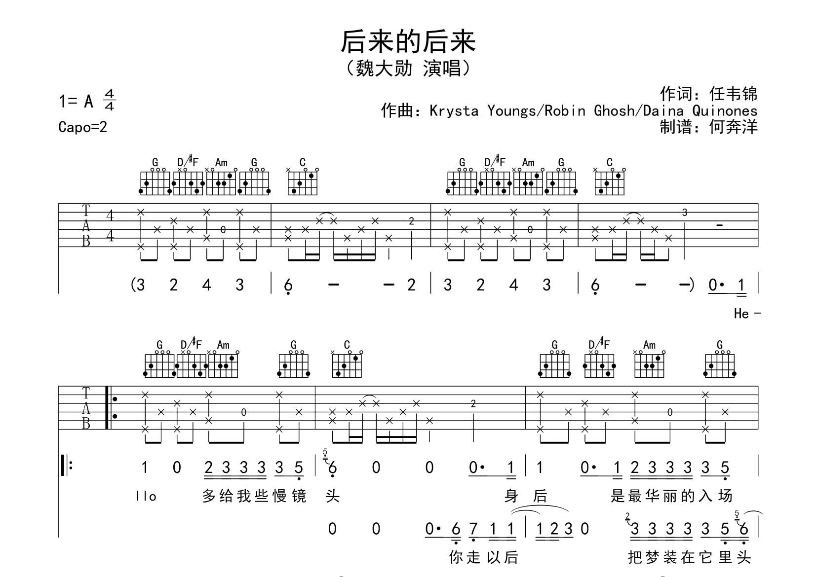 魏大勋_后来的后来吉他六线谱G调_飞韵吉他弹唱伴奏六线谱