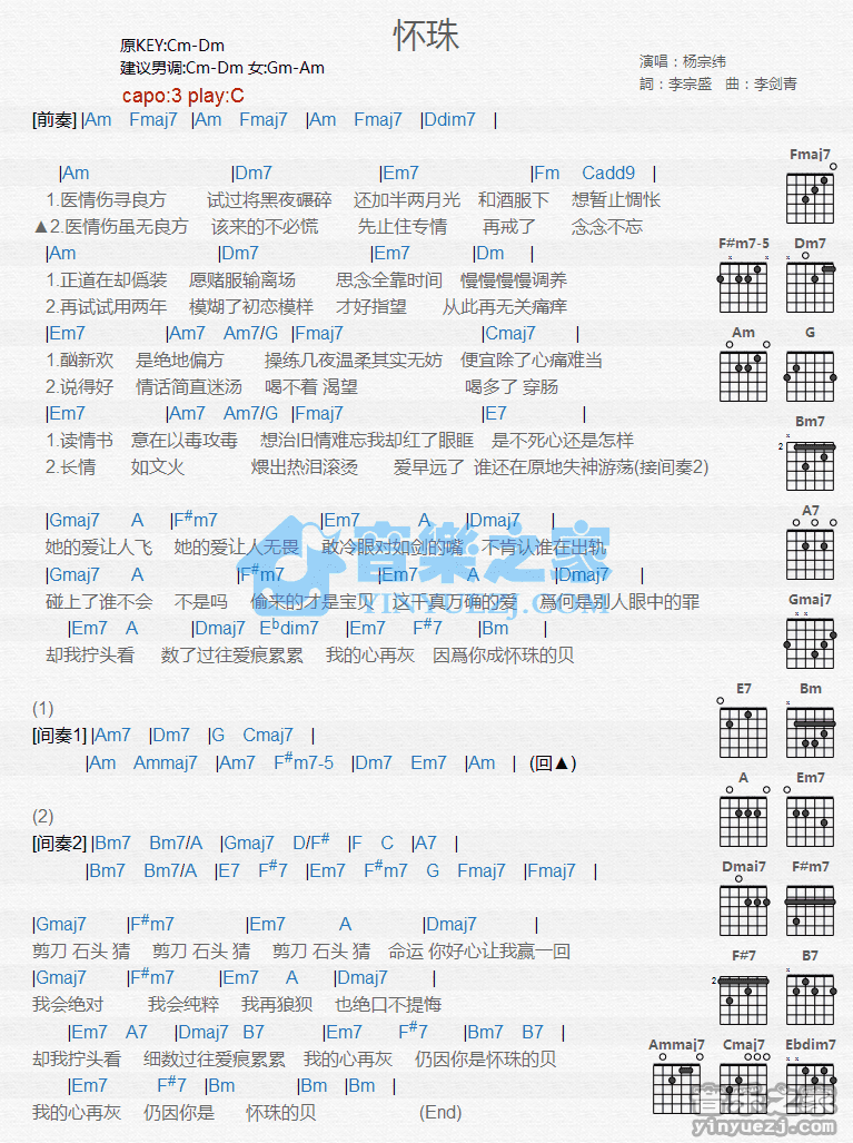 杨宗纬_怀珠吉他六线谱C调_音乐之家弹唱伴奏六线谱