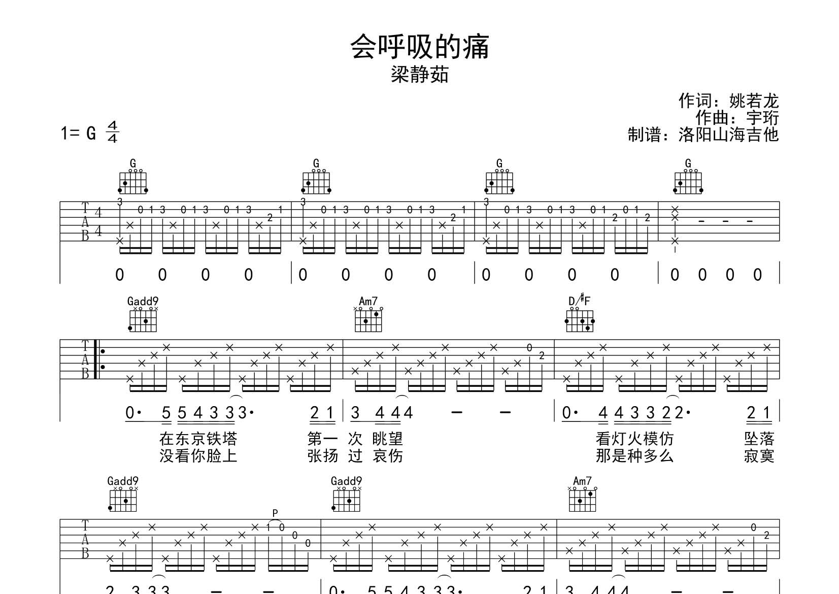 梁静茹_会呼吸的痛吉他六线谱G调_飞韵吉他弹唱伴奏六线谱