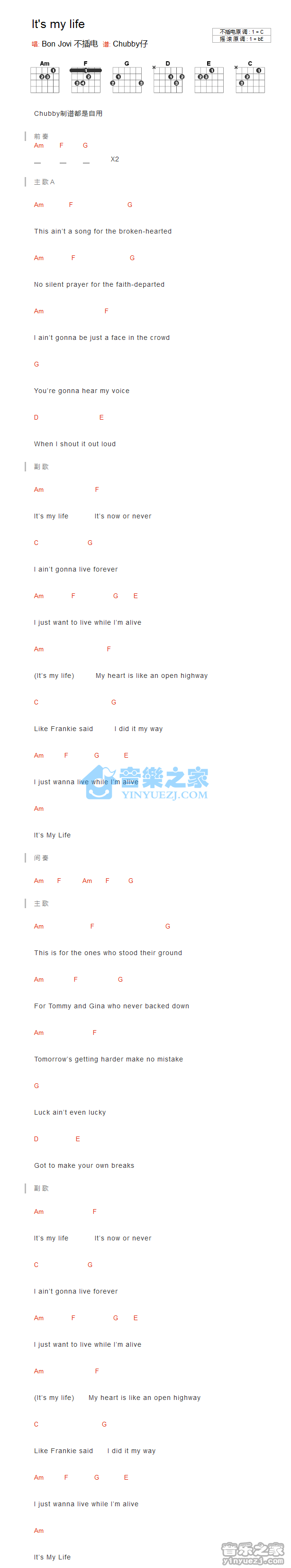 bon_jovi_its_my_life吉他六线谱C调_音乐之家弹唱伴奏六线谱