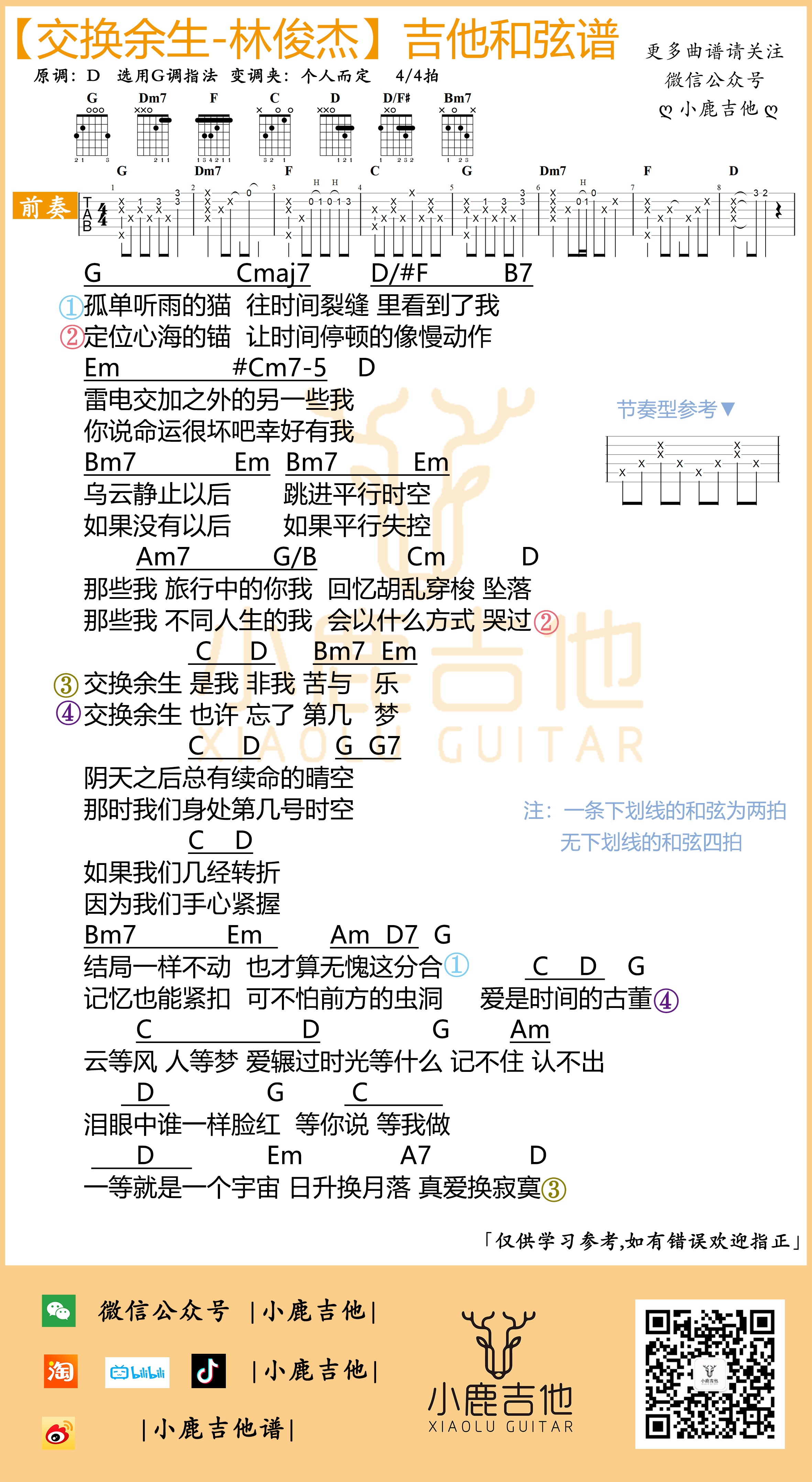林俊杰《交换余生》吉他六线谱G调_小鹿吉他拇指弹拨