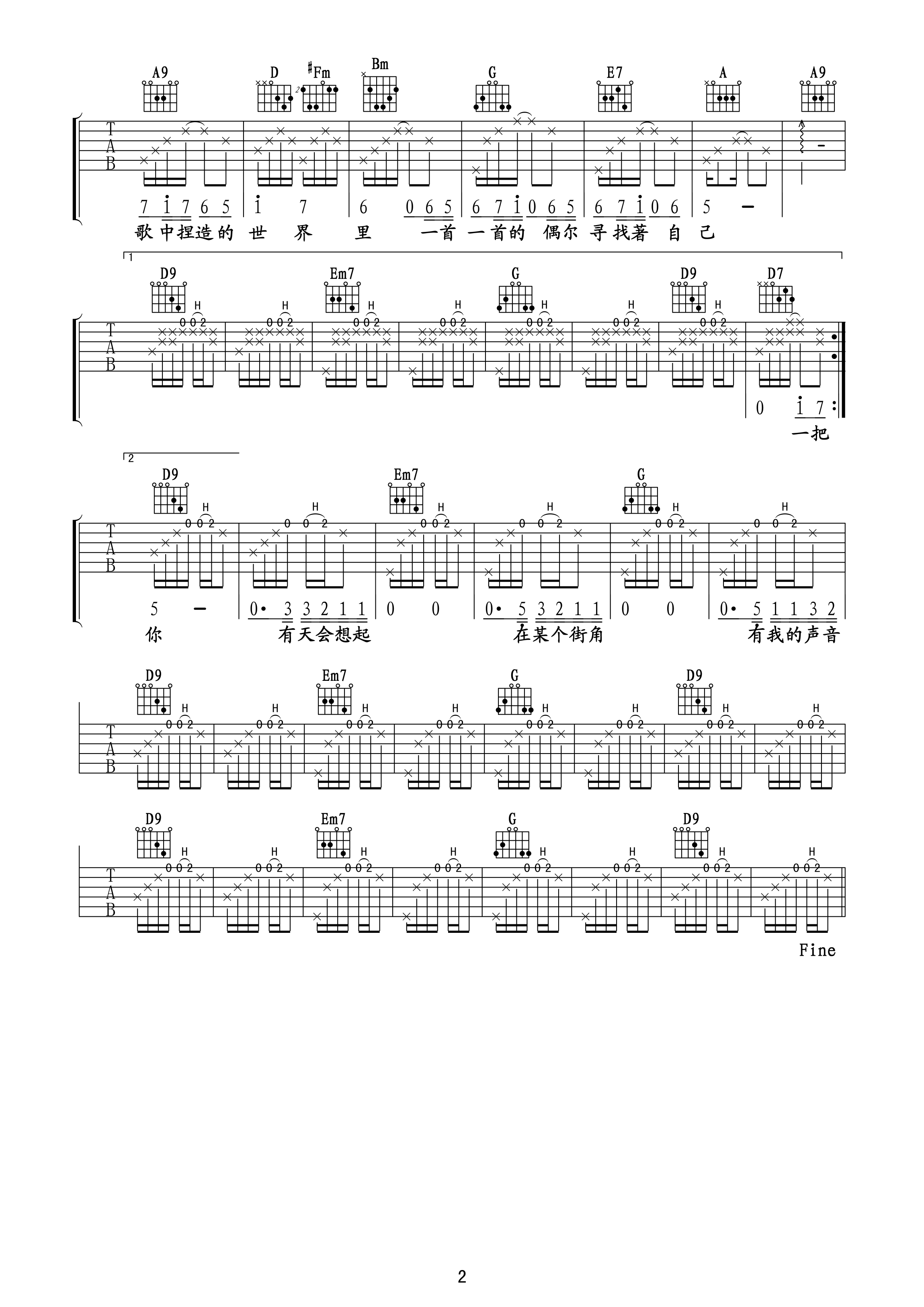 迪克牛仔_街角的guitar_man吉他六线谱D调_至尊宝弹唱伴奏六线谱