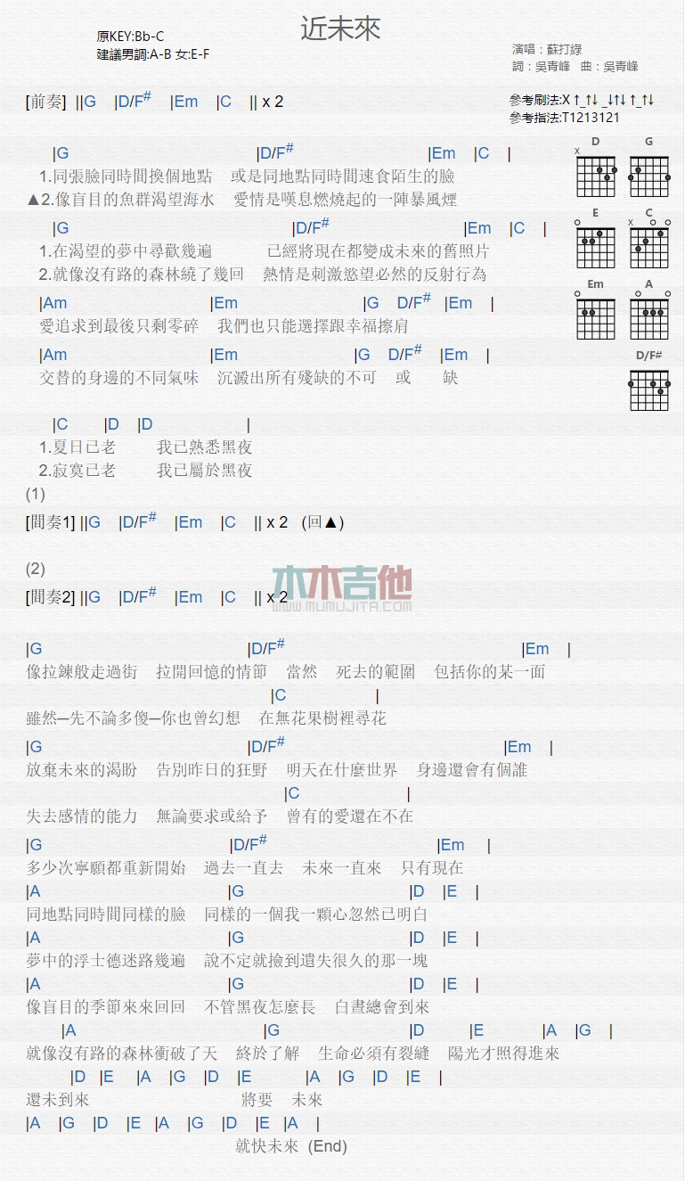 苏打绿_近未来吉他六线谱C调_木木吉他弹唱伴奏六线谱