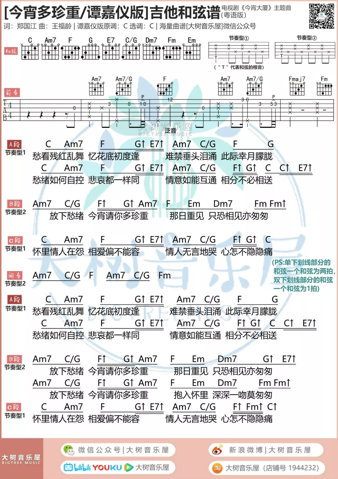谭嘉仪_今宵多珍重吉他六线谱C调_大树音乐屋弹唱伴奏六线谱