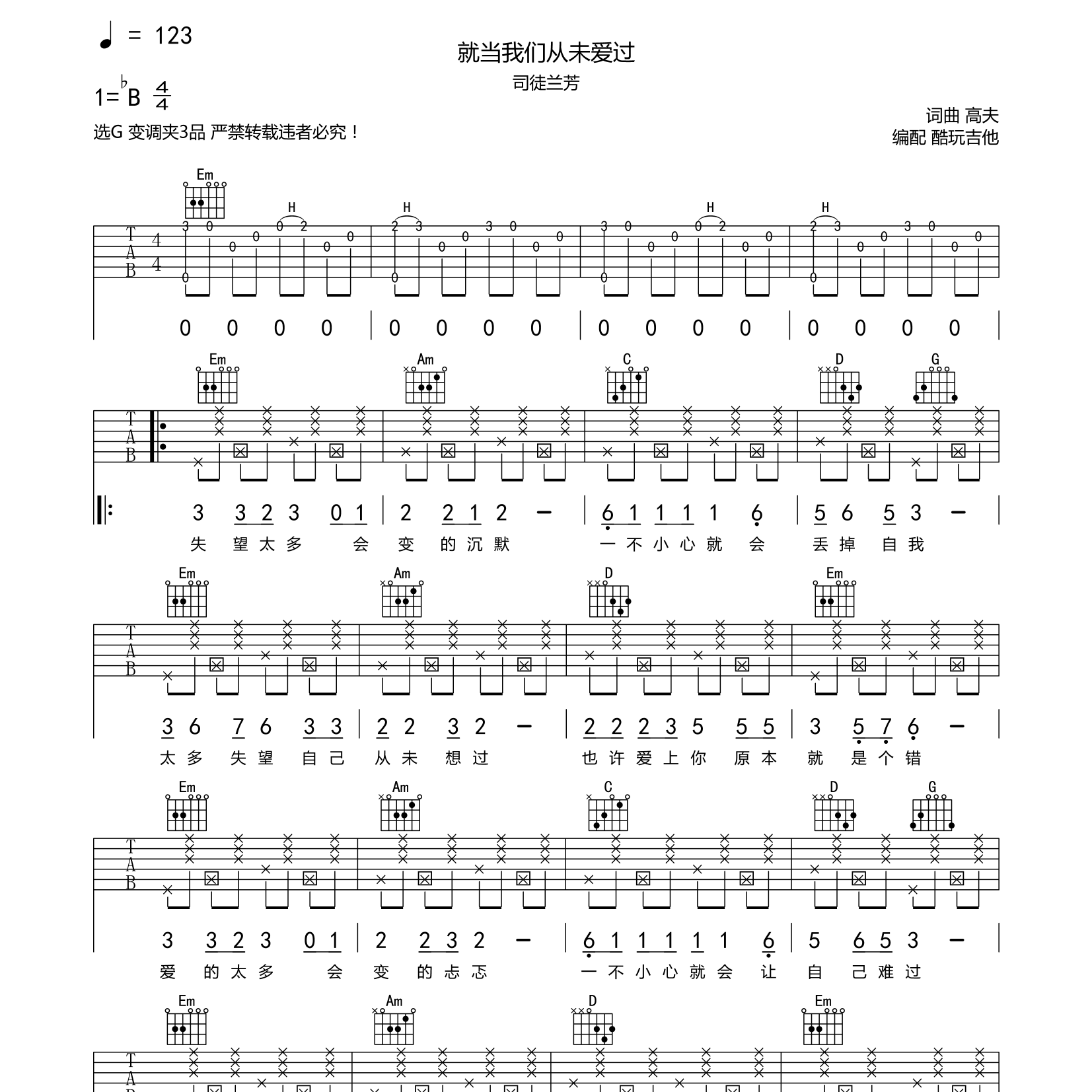 司徒兰芳_就当我们从未爱过吉他六线谱G调_酷玩吉他弹唱伴奏六线谱