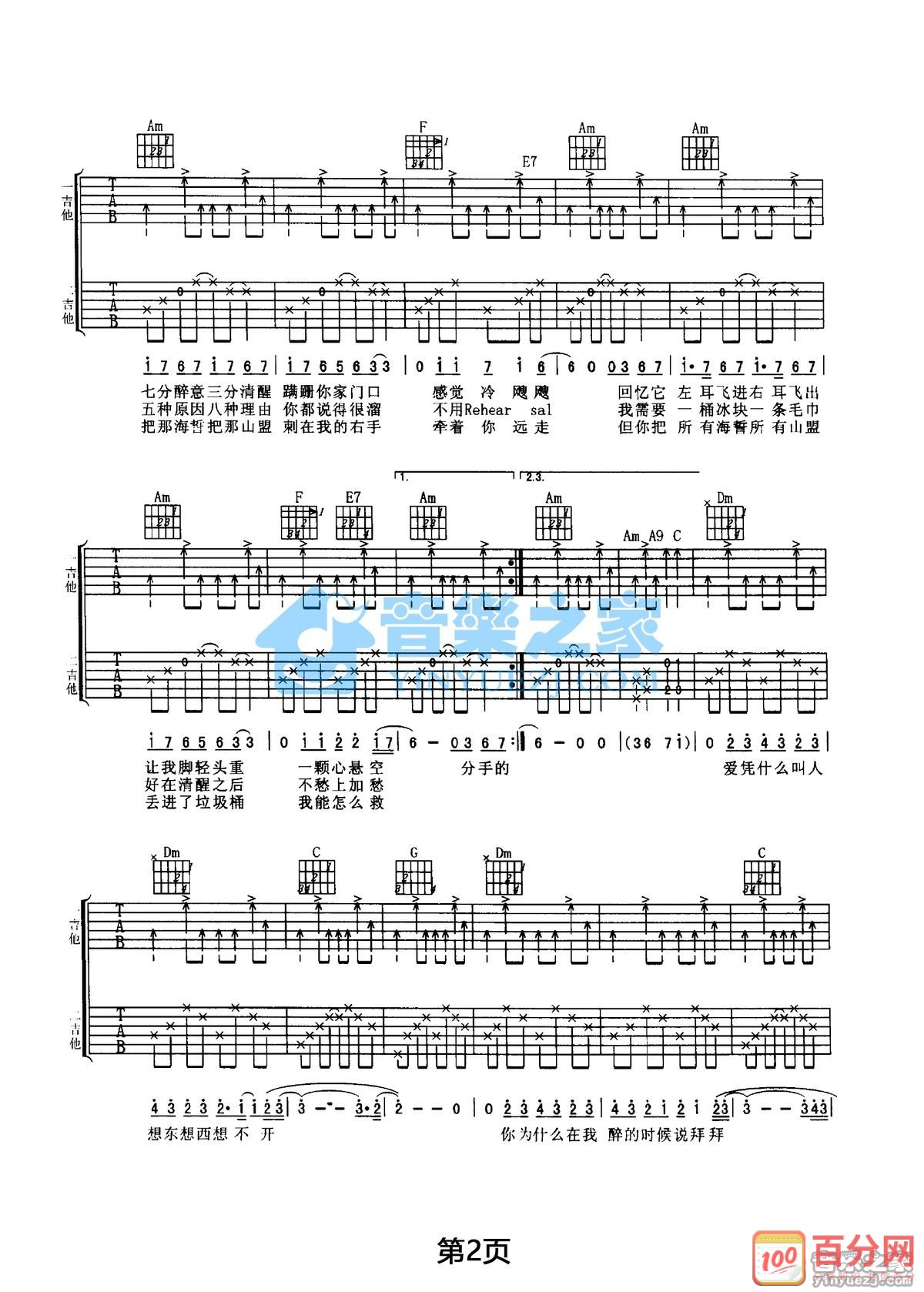 动力火车_酒醉的探戈2001吉他六线谱C调_音乐之家弹唱伴奏六线谱