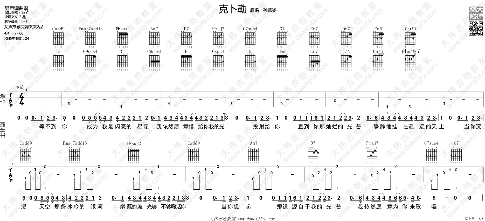 孙燕姿_克卜勤吉他六线谱C调_大伟吉他教室弹唱伴奏六线谱