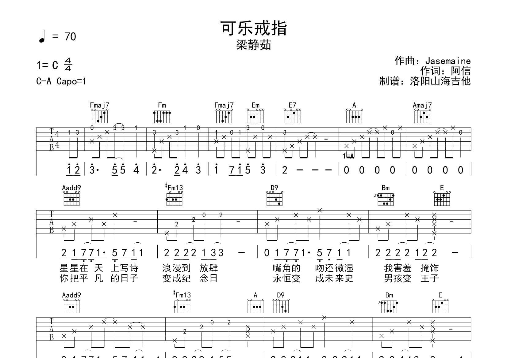 梁静茹_可乐戒指吉他六线谱C调_飞韵吉他弹唱伴奏六线谱