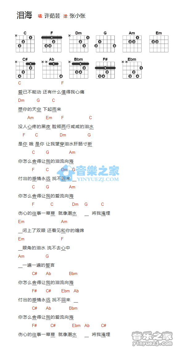 许茹芸_泪海吉他六线谱C调_音乐之家弹唱伴奏六线谱