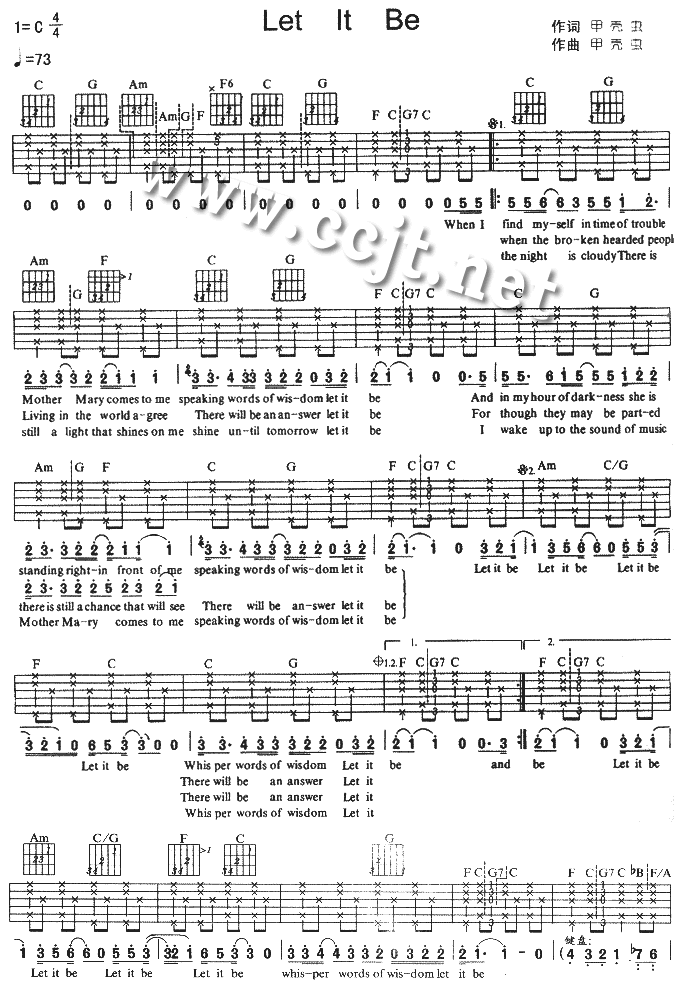 The_Beatles_let_it_be吉他六线谱C调_虫虫吉他弹唱伴奏六线谱