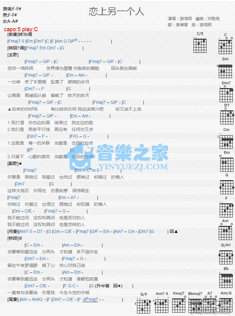 游鸿明_恋上另一个人吉他六线谱C调_音乐之家弹唱伴奏六线谱