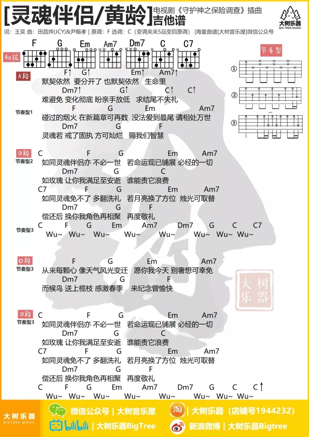 黄龄_灵魂伴侣_C调和弦谱_大树音乐屋编配