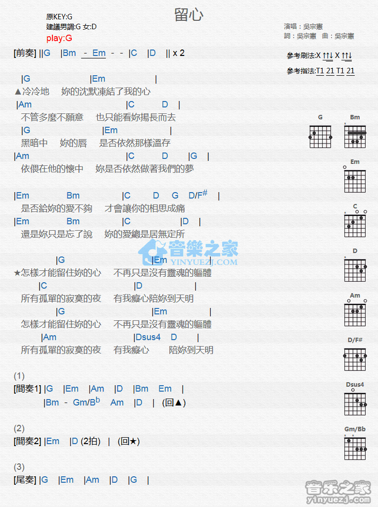 吴宗宪_留心吉他六线谱D调_音乐之家弹唱伴奏六线谱