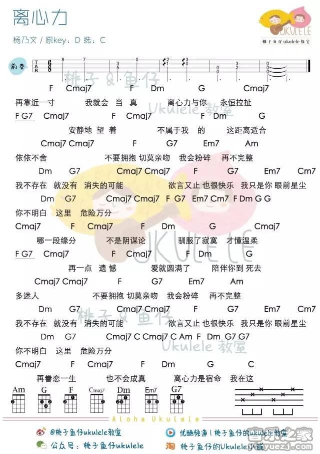 杨乃文_离心力吉他六线谱C调_桃子鱼仔弹唱伴奏六线谱