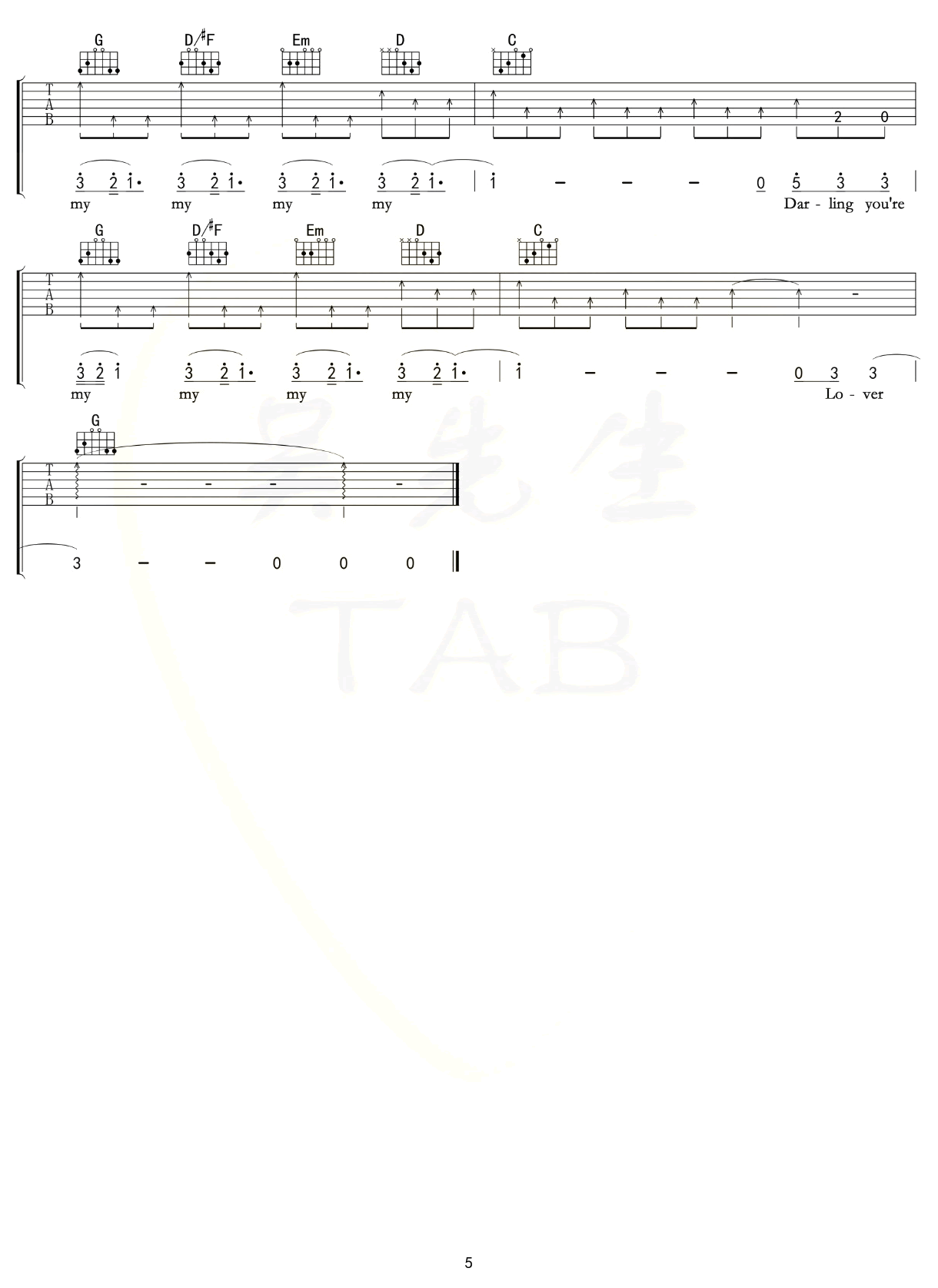 Taylor_Swift_lover吉他六线谱G调_吴先生弹唱伴奏六线谱