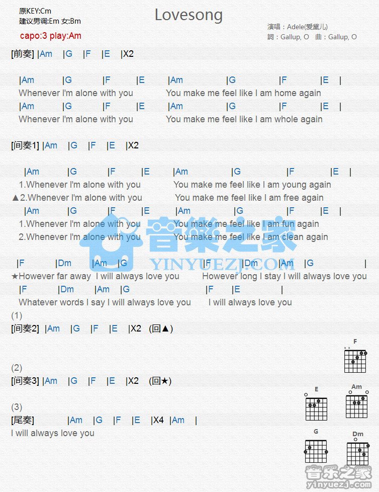 阿黛尔_lovesong吉他六线谱E调_音乐之家弹唱伴奏六线谱