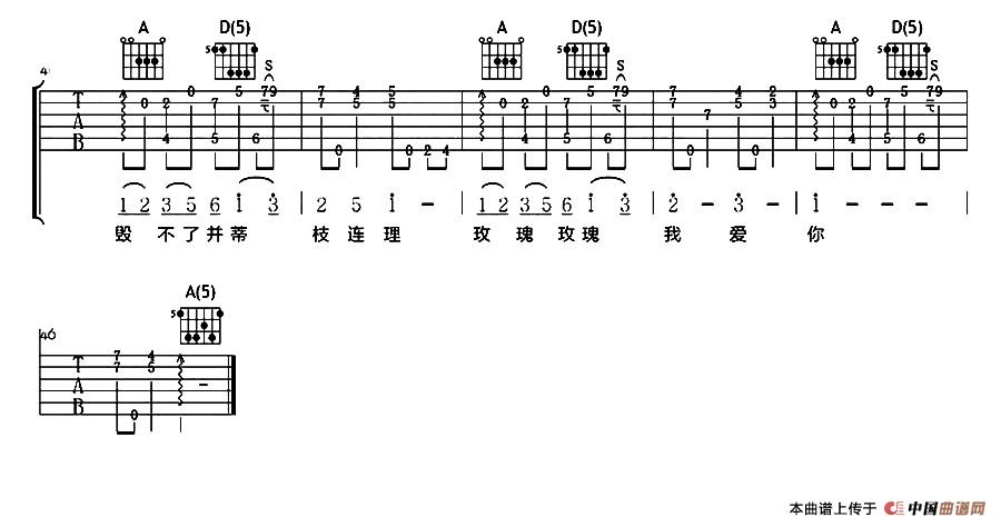 王若琳_玫瑰玫瑰我爱你吉他六线谱A调_吉他大本营弹唱伴奏六线谱