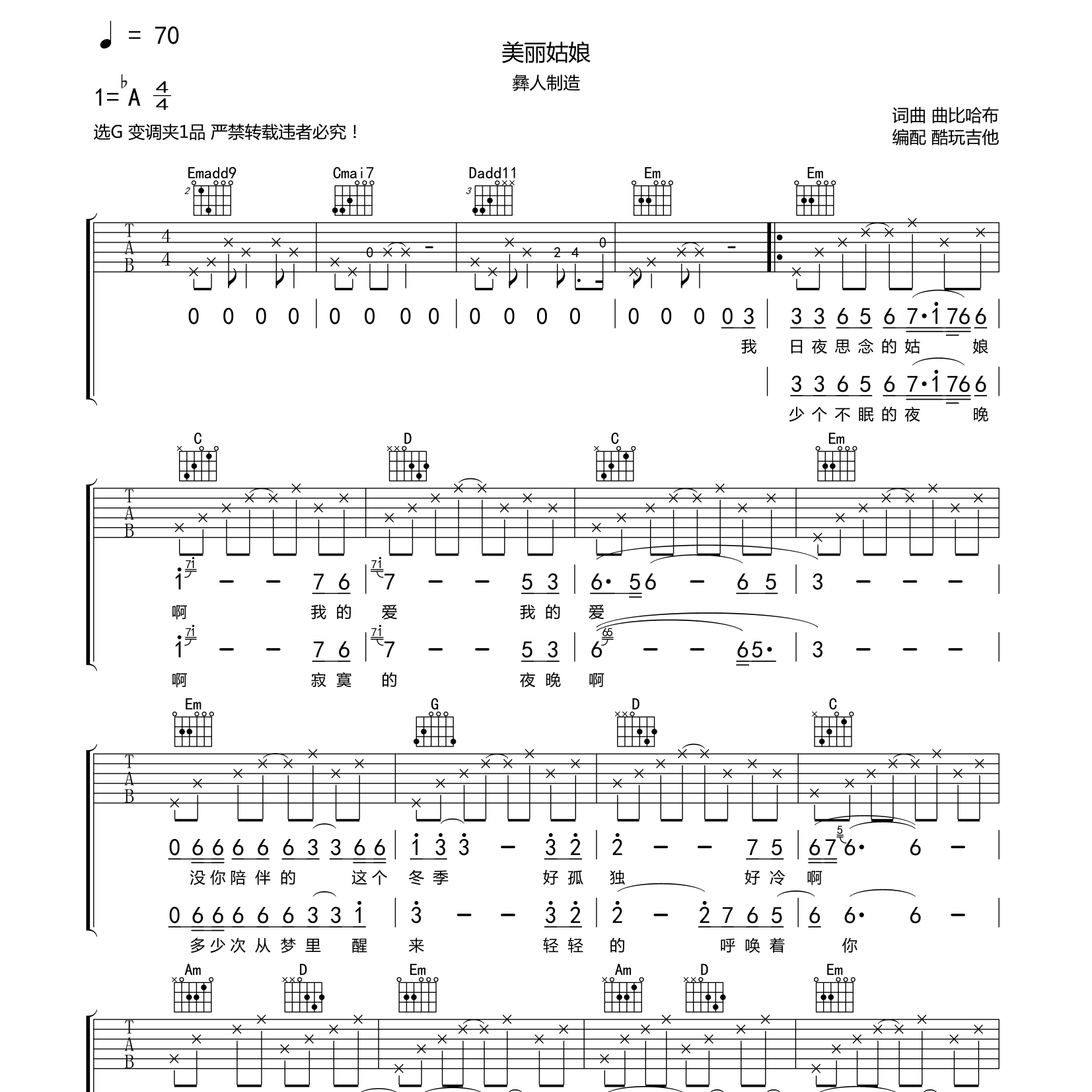 彝人制造_美丽姑娘吉他六线谱G调_酷玩吉他弹唱伴奏六线谱