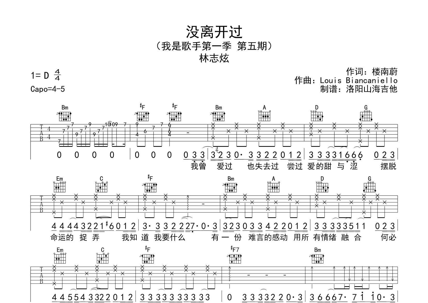 林志炫_没离开过吉他六线谱D调_飞韵吉他弹唱伴奏六线谱