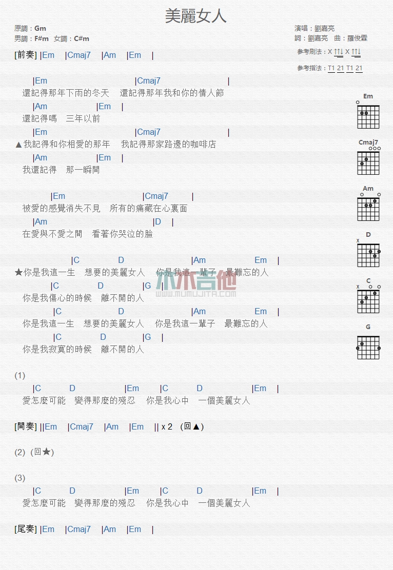 刘嘉亮_美丽女人吉他六线谱G调_木木吉他弹唱伴奏六线谱