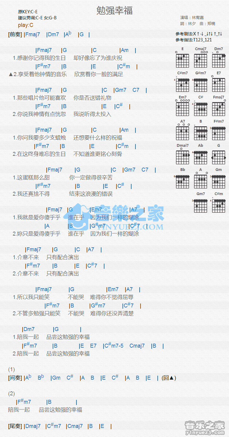 林宥嘉_勉强幸福吉他六线谱C调_音乐之家弹唱伴奏六线谱