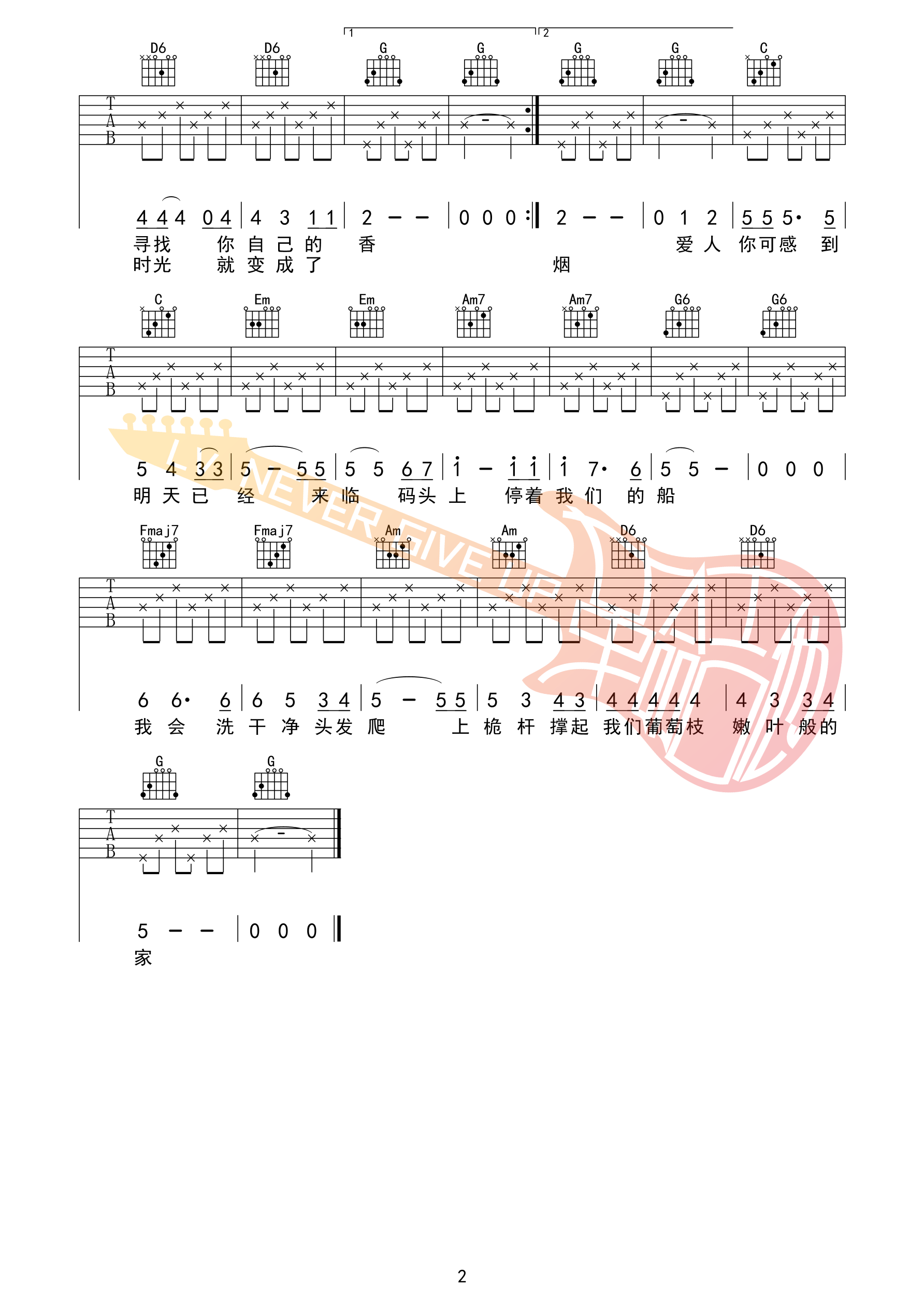张玮玮_米店吉他六线谱D调_革命吉他弹唱伴奏六线谱
