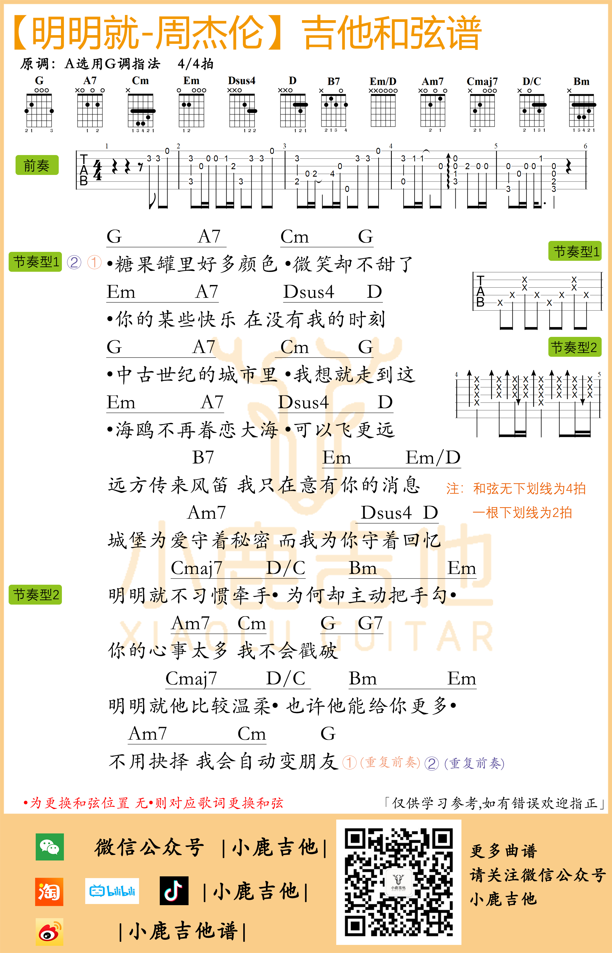 周杰伦《明明就》吉他六线谱G调原版编配前奏