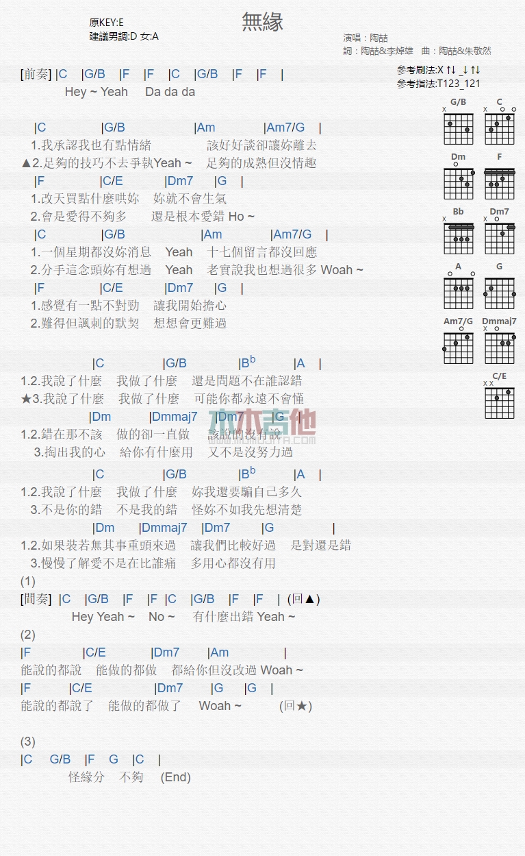 陶喆_无缘吉他六线谱C调_木木吉他弹唱伴奏六线谱