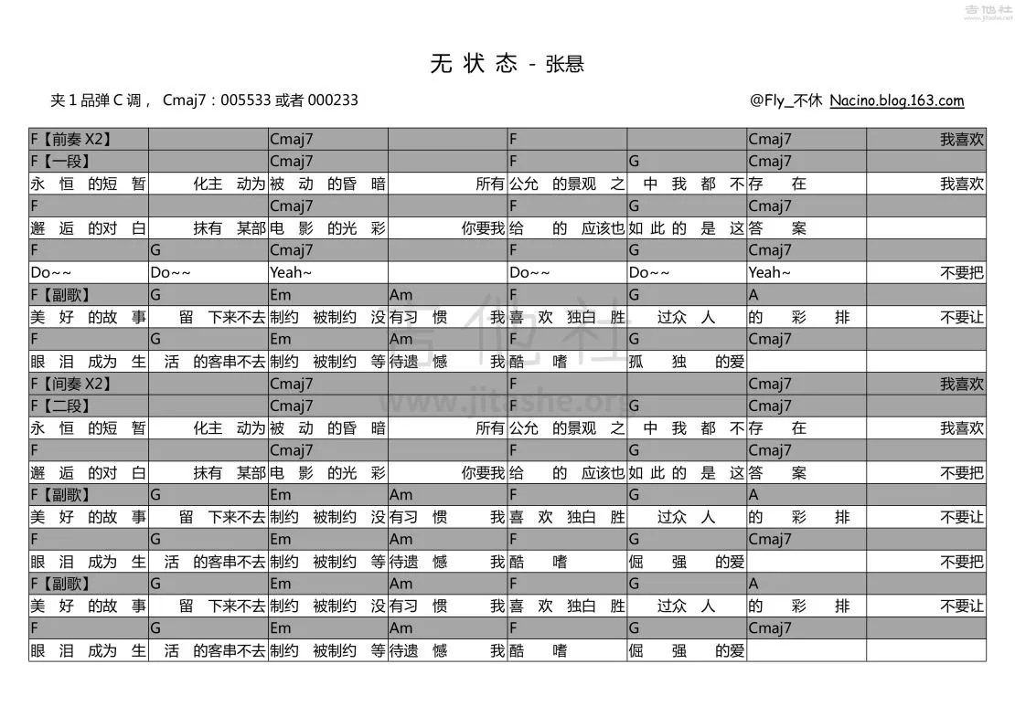 张悬_无状态吉他六线谱C调_吉他社弹唱伴奏六线谱