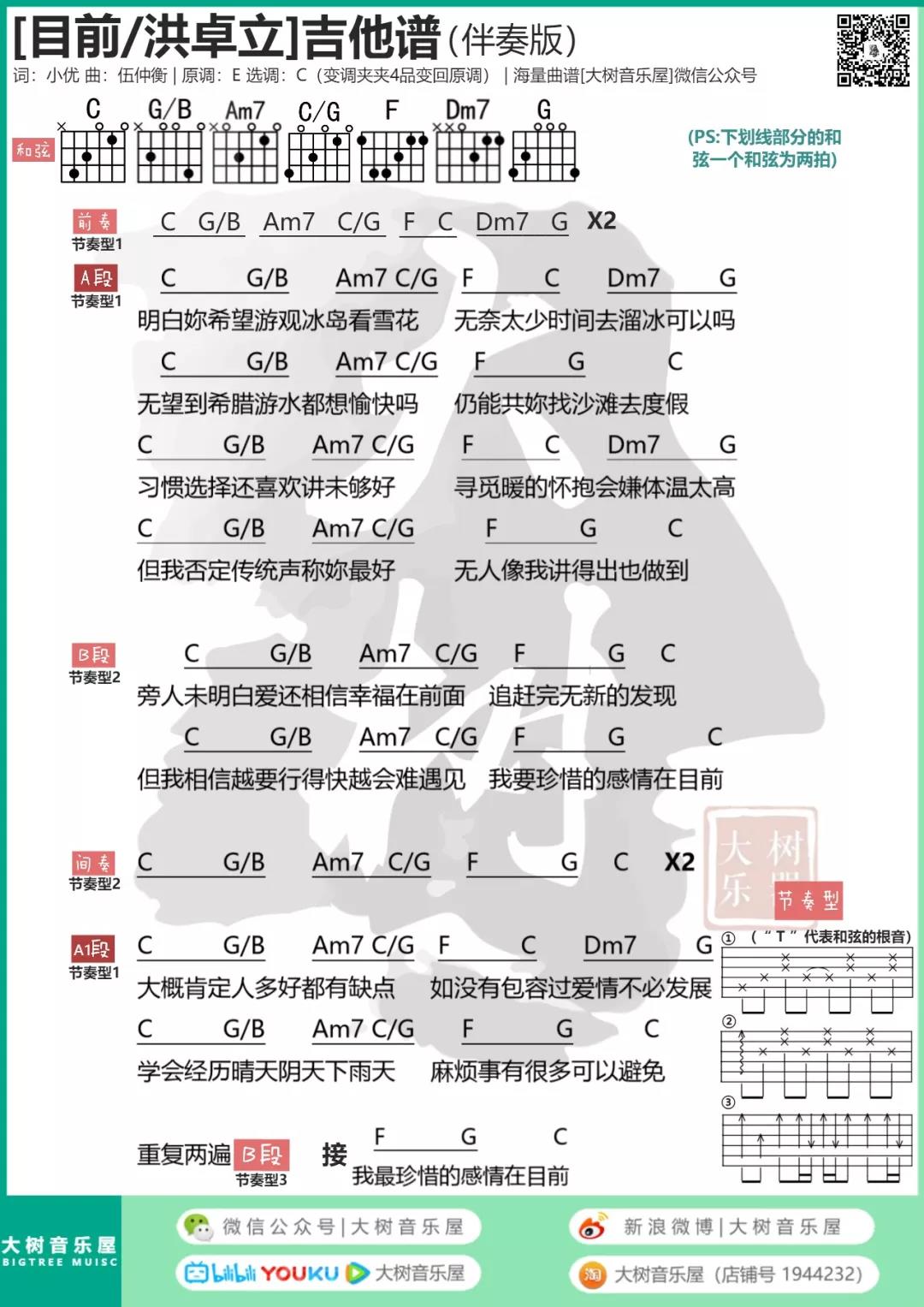 洪卓立_目前吉他六线谱C调_大树音乐屋弹唱伴奏六线谱