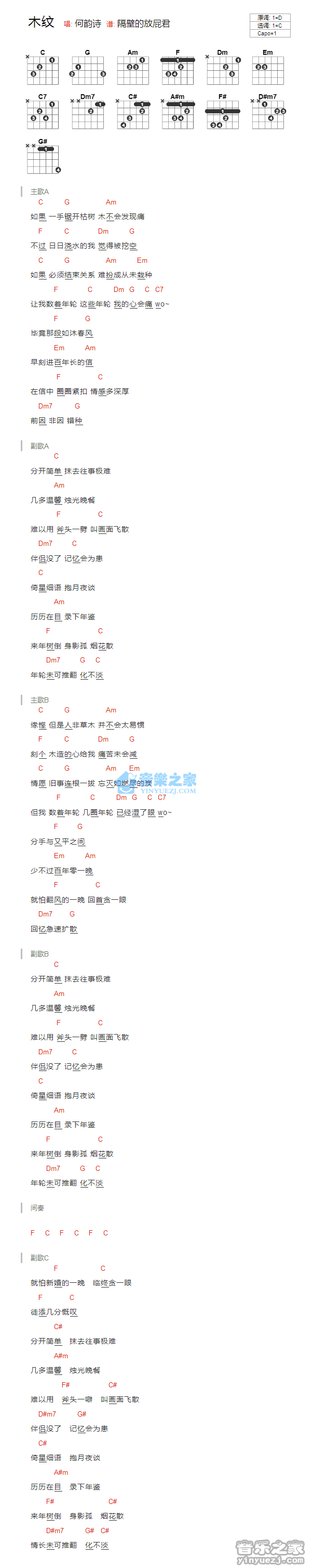 何韵诗_木纹吉他六线谱C调_音乐之家弹唱伴奏六线谱
