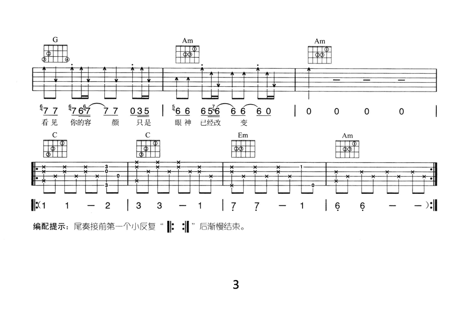 张韶涵_呐喊吉他六线谱C调_弹唱伴奏六线谱
