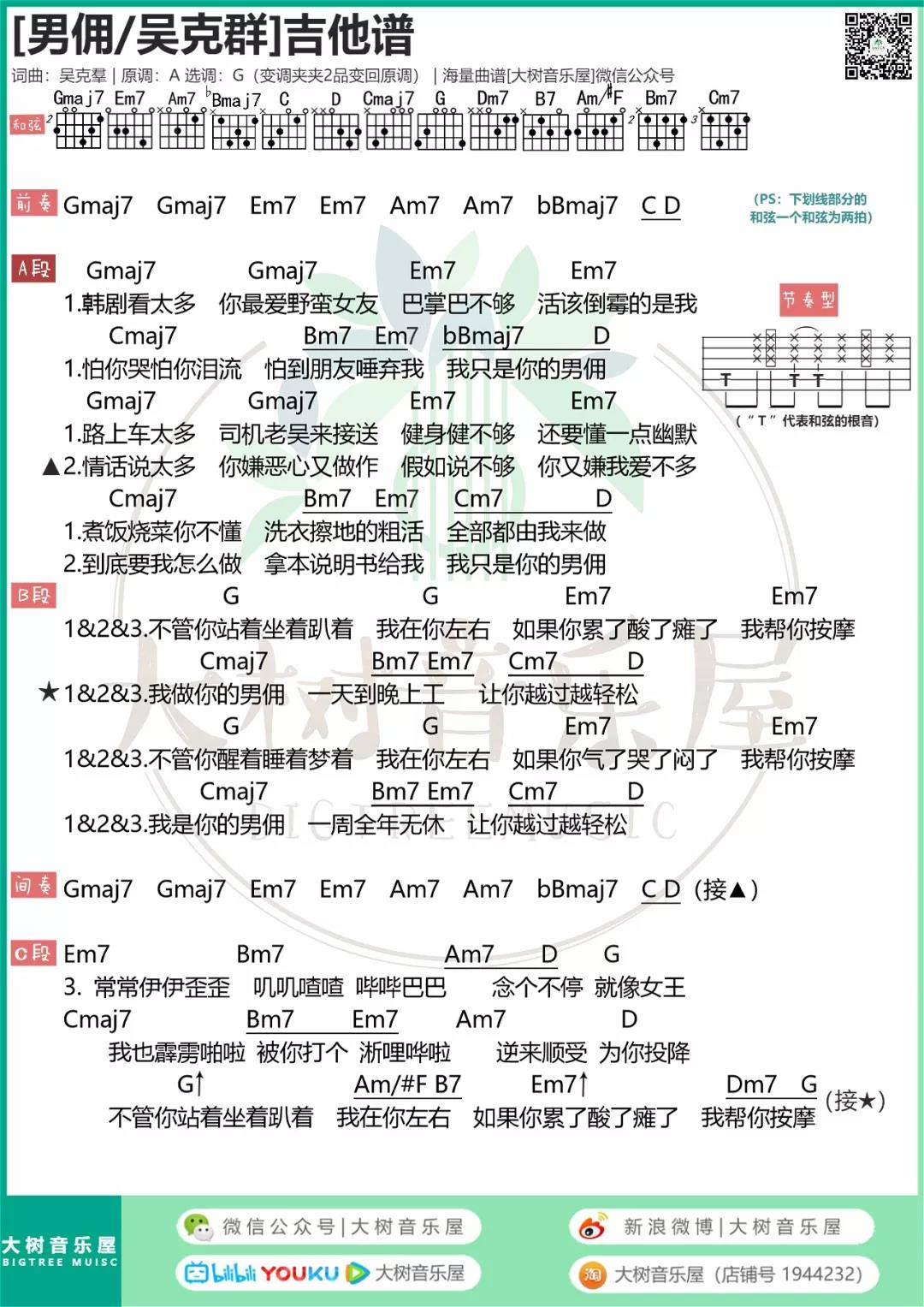 吴克群_男佣吉他六线谱G调_大树音乐屋弹唱伴奏六线谱