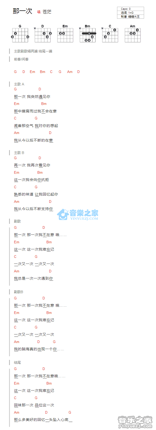 苍茫_那一次吉他六线谱G调_音乐之家弹唱伴奏六线谱