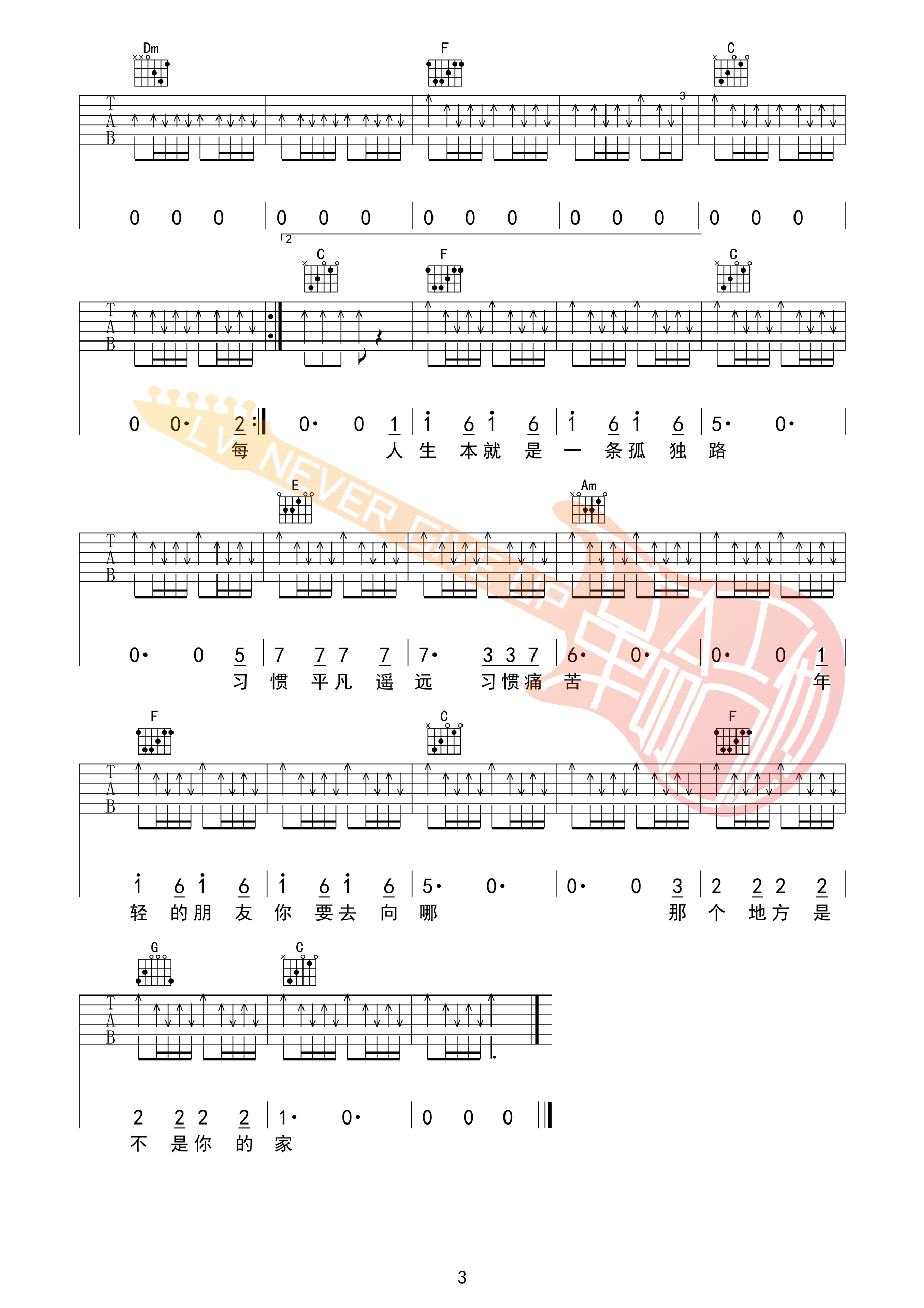 C.S.B.Q乐队《年轻的朋友你要去向哪》吉他六线谱F调_革命吉他编配