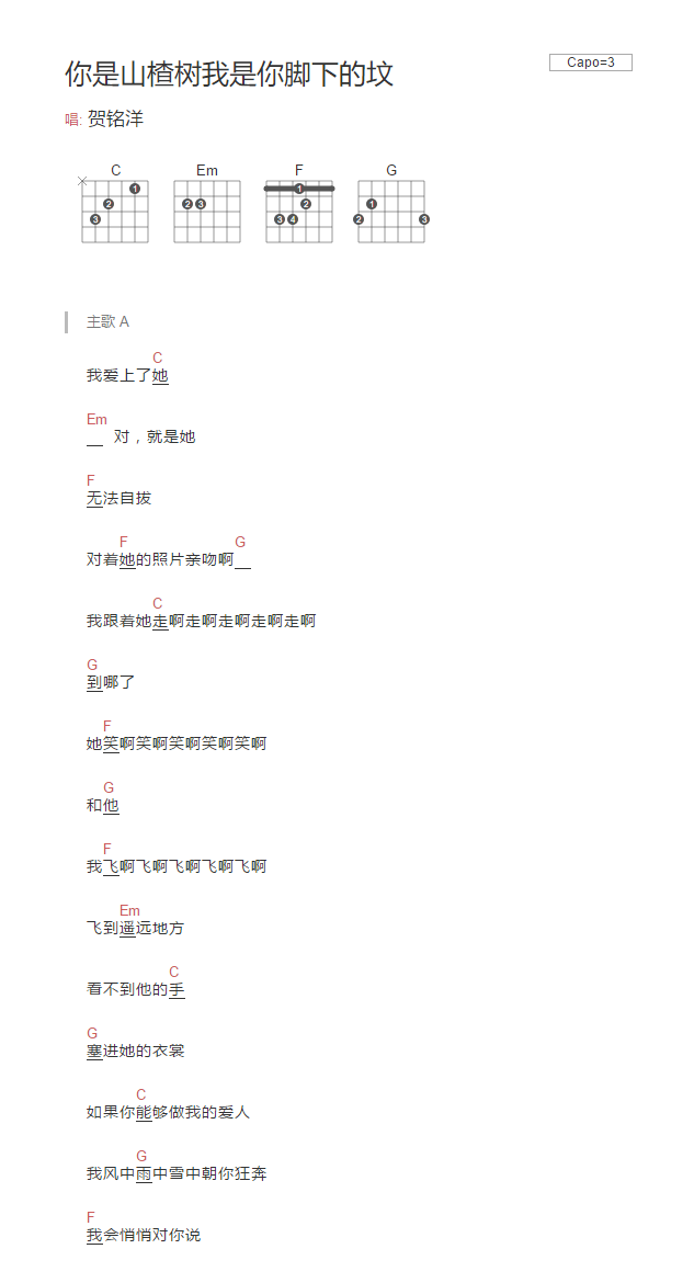 贺铭洋_你是山楂树我是你脚下的坟吉他六线谱C调_弹唱伴奏六线谱