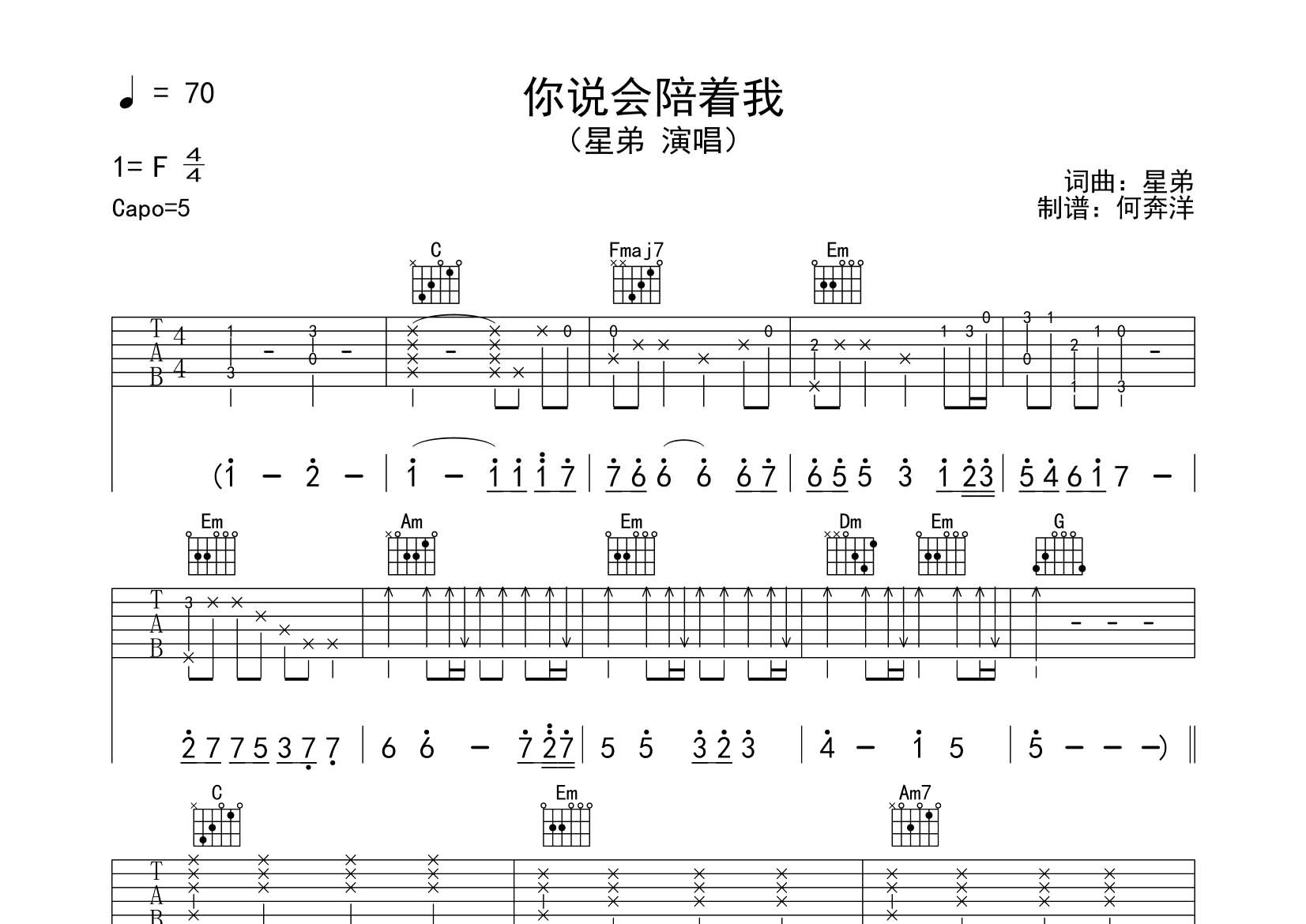 星弟_你说你会陪着我吉他六线谱C调_飞韵吉他弹唱伴奏六线谱