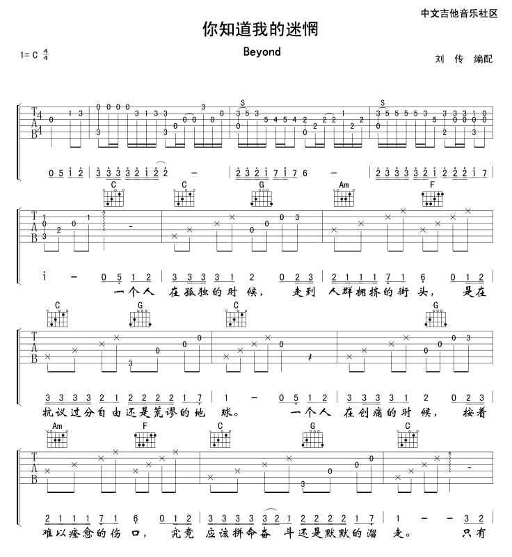 Beyond_你知道我的迷惘吉他六线谱C调_17吉他弹唱伴奏六线谱