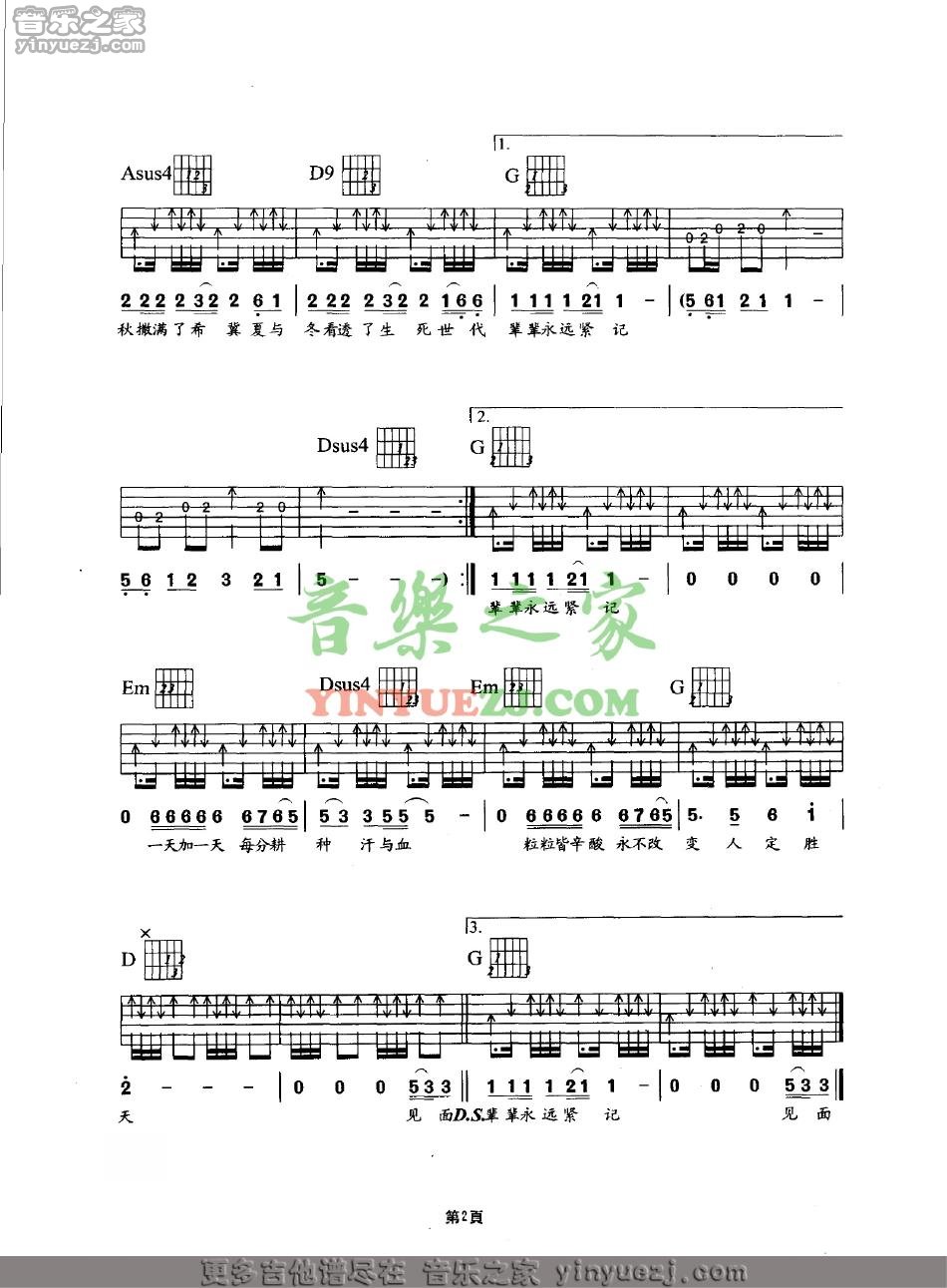 Beyond_农民吉他六线谱G调_音乐之家弹唱伴奏六线谱
