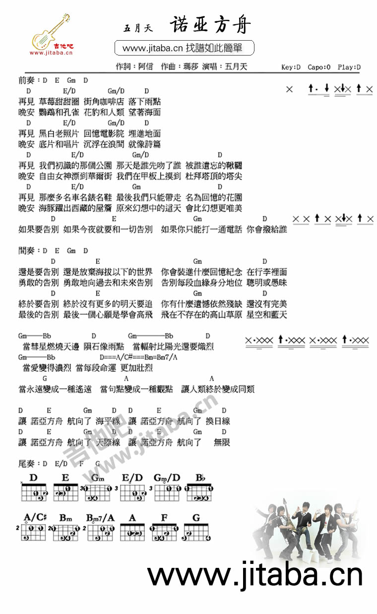 五月天_诺亚方舟吉他六线谱D调_吉他吧弹唱伴奏六线谱