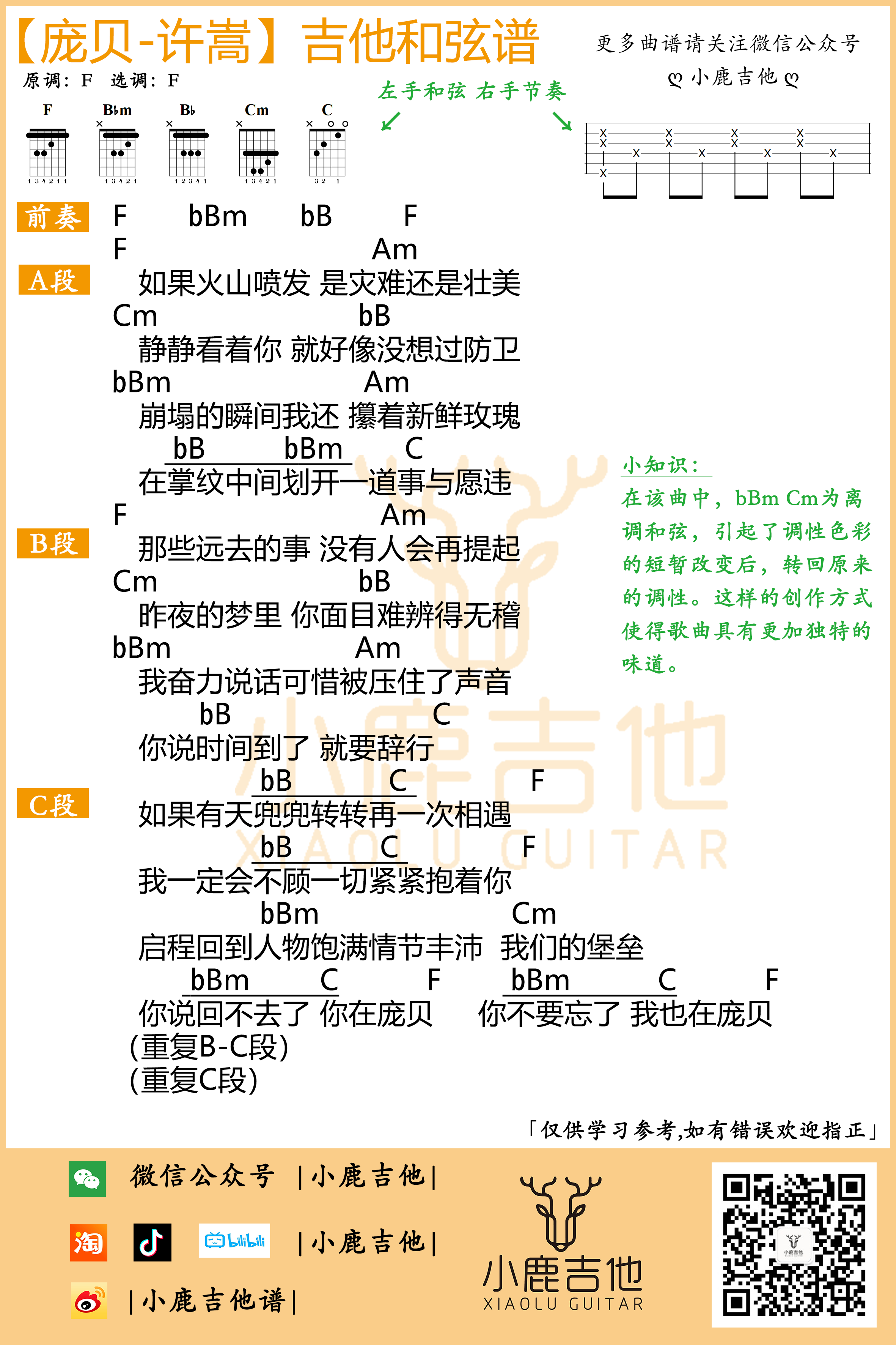 许嵩《庞贝》吉他六线谱F调_小鹿吉他拇指弹拨