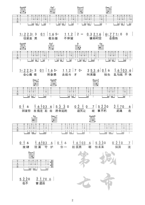 张韶涵_破茧吉他六线谱C调_第七城市弹唱伴奏六线谱