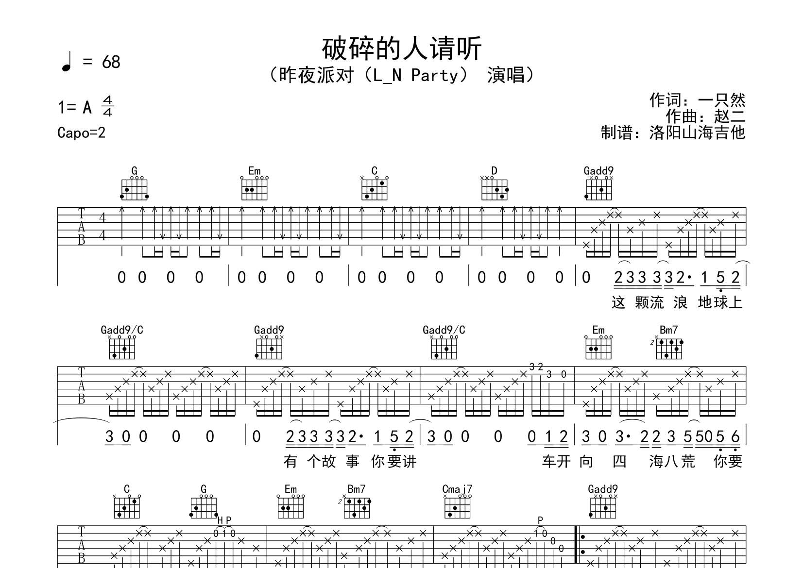 昨夜派对_破碎的人请听吉他六线谱G调_飞韵吉他弹唱伴奏六线谱